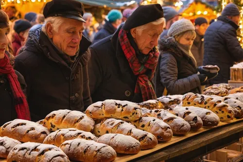 In a bustling Christmas market, write a descriptive piece about vendors selling mouthwatering stollen.,lebkuchen,christmas market,pączki,matjesbrötchen,bombolone,advent market,sorbian easter eggs,bock