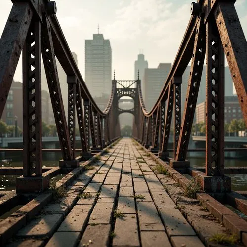 Rustic steel bridges, weathered wooden planks, rough stone piers, intricate metal latticework, ornate railings, worn concrete surfaces, urban cityscape, misty morning atmosphere, soft warm lighting, s