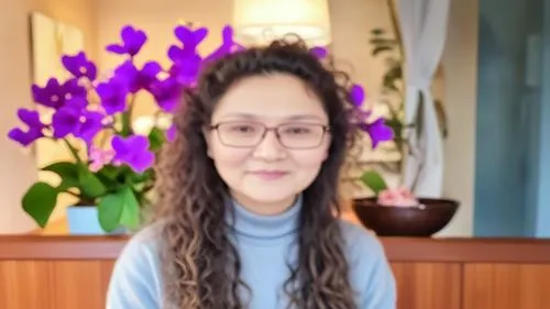 長捲髮,woman with long hair sitting in front of vase filled with purple flowers,eckankar,lihui,liliuokalani,lianwei,feifei,yihui