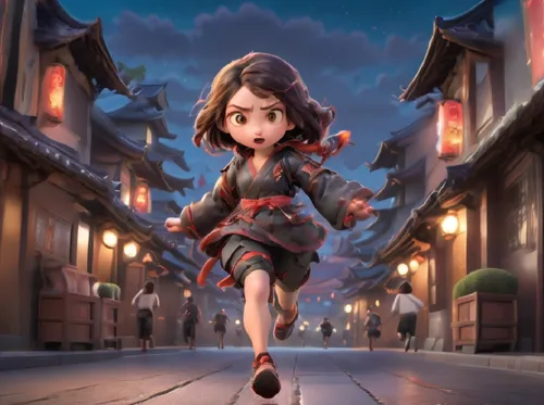 A woman running with flowing hair and a bright smile,a woman running on a street with buildings behind her,flying girl,mulan,alita,little girl running,mamozai,laika