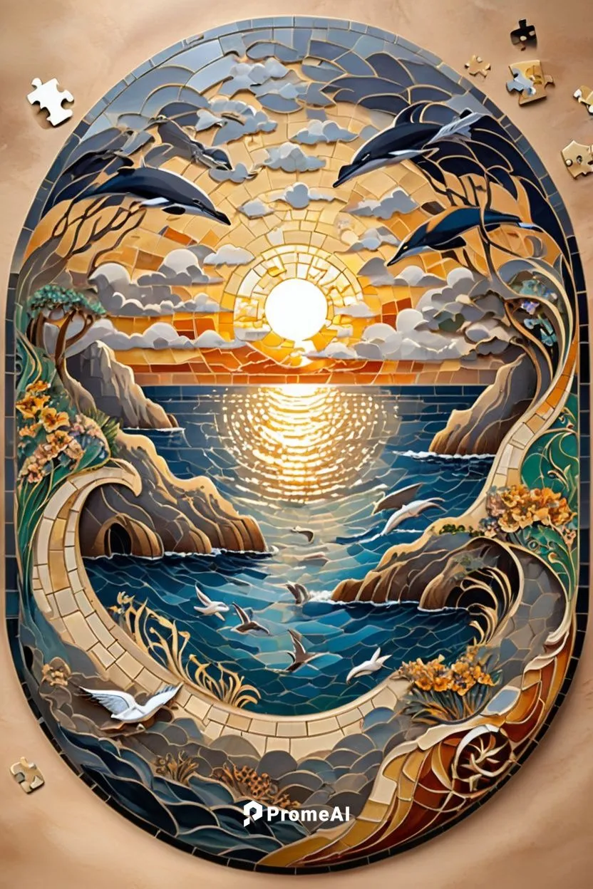 sunsrise  in the clouds big mosaic pieces shadow of gray colors, over the beach, jigsaw puzzle, mural in the top of the ball, boat, seagulls, dolphins,sun moon,3-fold sun,the great wave off kanagawa,s