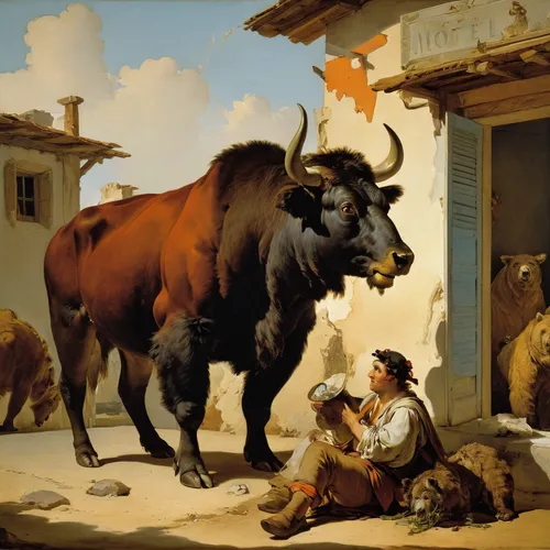 oxen,buffalo herder,livestock,bull,landseer,alpine cow,horned cows,livestock farming,domestic cattle,aurochs,ferdinand,mother cow,bovine,ruminants,buffaloes,matador,buffalos,bullfighting,east-european shepherd,bullfight,Art,Classical Oil Painting,Classical Oil Painting 40