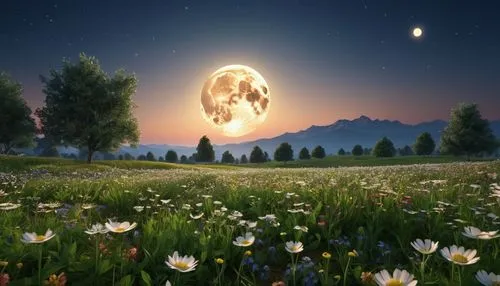 arafed field of flowers with a full moon in the background, field of flowers at night, very very very beautiful scenery, stunning nature in background, background environment. 8 k, very very beautiful