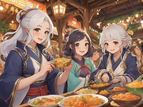 Immerse Genshin Impact characters in a lively marketplace, capturing their joyful interactions through fanart.,spring festival,winter festival,feast noodles,traditional food,dumplings,mid-autumn festi