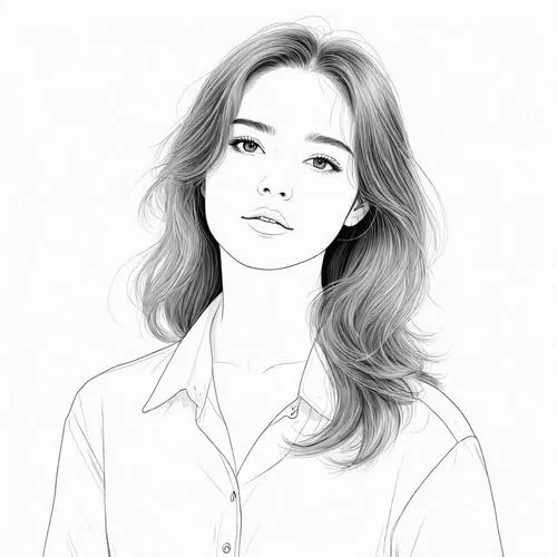 女生，白色衬衫，黑白，线稿，线条艺术,an asian woman with long hair and a dress shirt,rotoscoped,rampling,angel line art,fashion vector,girl portrait,digital drawing,Design Sketch,Design Sketch,Detailed Outline