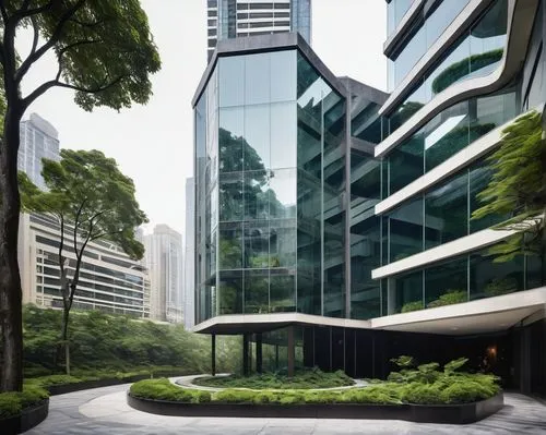 Modern skyscraper, Adams + Associates Architecture, urban cityscape, glass and steel structure, reflective windows, angular lines, sleek design, rooftop garden, lush greenery, downtown metropolis, bus