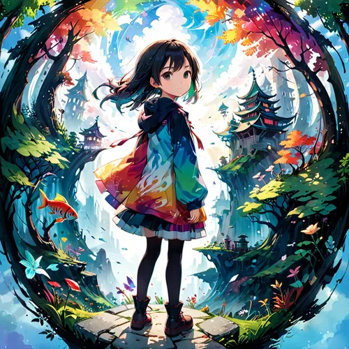 wonderland,fairy world,rainbow background,fairy galaxy,rainbow and stars,colorful background,dream world,fairy forest,magical adventure,springtime background,girl with tree,child fairy,rainbow color palette,colorful heart,children's background,fallen colorful,little girl fairy,forest of dreams,colorful floral,forest background,Anime,Anime,General