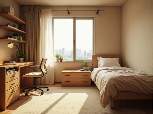 Modern dorm room, cozy atmosphere, wooden furniture, Chukum material accents, warm beige walls, plush carpet, minimalist decor, single bed with storage, study desk with metal legs, ergonomic chair, fl