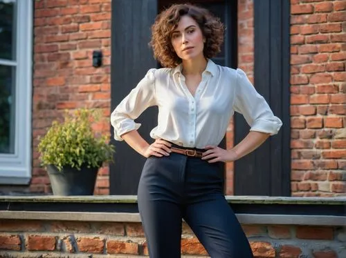 25-year-old, mature lady, solo, standing, hands on hips, confident posture, short curly brown hair, subtle makeup, elegant necklace, white blouse, black high-waisted pants, stilettos, residential area