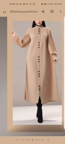 3d fashion drawing of women dark beige dress fashion Muslim hijab with the pelisee and pleats on the end of dress with beige dress with black bottoms in the chest by 4k,a model in a dress is standing 