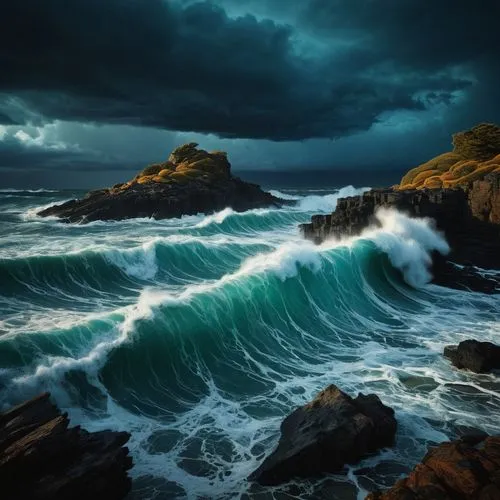 Huge turquoise waves, sunset time, warm golden light, dramatic clouds, stormy weather, lightning flashes, strong winds, turbulent water, seaweed-covered rocks, sharp coral reefs, ominous dark atmosphe