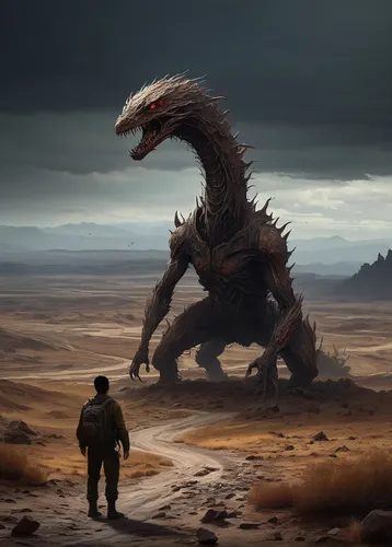 sci fiction illustration,dragon of earth,encounter,godzilla,guards of the canyon,giant lizard,size comparison,confrontation,fantasy picture,capture desert,world digital painting,game illustration,fantasy art,landmannahellir,black dragon,concept art,kurai steppe,dune landscape,digital compositing,saurian,Conceptual Art,Daily,Daily 10