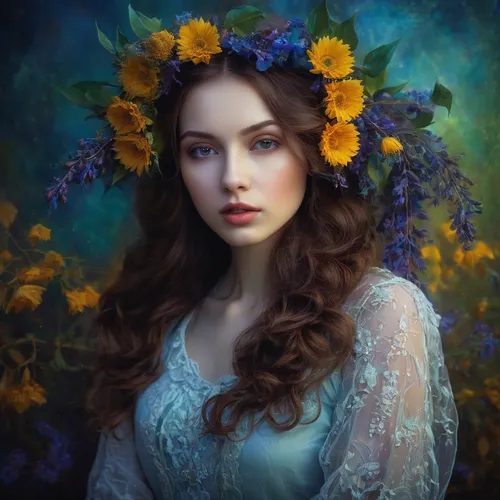 mystical portrait of a girl,fantasy portrait,girl in flowers,beautiful girl with flowers,faery,romantic portrait,wreath of flowers,fantasy art,girl in a wreath,faerie,elven flower,splendor of flowers,fairy queen,flower fairy,blooming wreath,floral wreath,spring crown,fantasy picture,golden lilac,blue hydrangea,Illustration,Realistic Fantasy,Realistic Fantasy 30