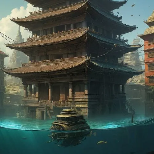 underwater bomb,a picture that looks like there is a water castle on the water,asian architecture,yamatai,undock,ancient city,fenghuang,dojo,Illustration,Realistic Fantasy,Realistic Fantasy 28