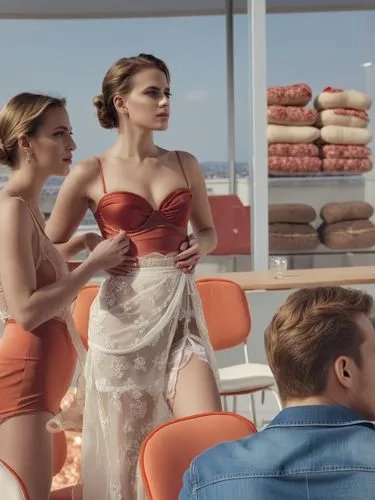 "Aubade", PARIS,two women in bathing suits with man behind,man in red dress,commercial,retro diner,stewardesses,mannequins,on a yacht,Photography,General,Realistic