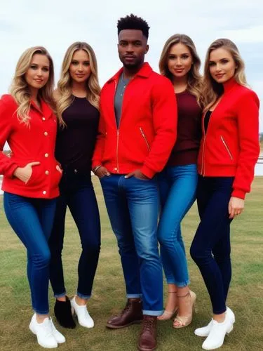 Mr. James (masculine, dark blond with a red jacket slightly off to the right), and his three prettiest girlfriends.,the girls are dressed up in jackets and jeans,sogavare,sertanejo,afolayan,riverdance