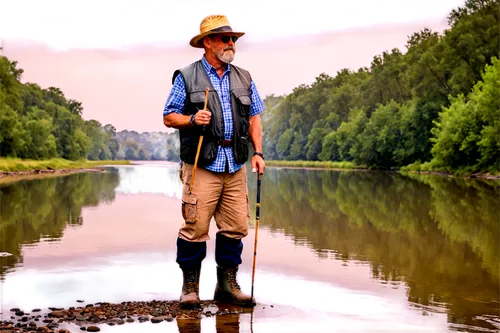 Man, mature, beard, sunglasses, straw hat, fishing vest, waterproof boots, holding rod, casting, wading, riverbank, serene water reflection, overcast sky, soft natural light, panoramic view, shallow d