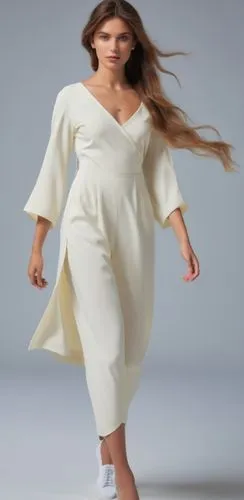 a woman is walking and wearing a white jumpsuit,melania,tahiliani,nicodemou,siriano,sprint woman,carulla,Photography,General,Realistic