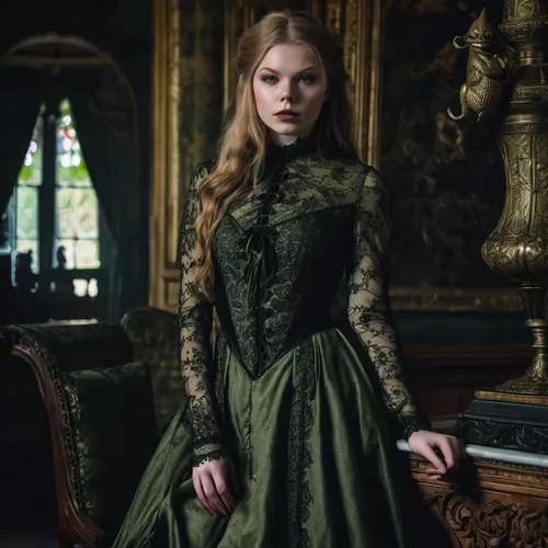 victorian style,queen anne,green dress,gothic portrait,tudor,elizabeth i,celtic queen,victorian lady,victorian fashion,the victorian era,imperial coat,victorian,angelica,portrait of a girl,renaissance,gothic fashion,in green,gothic dress,the enchantress,baroque,Illustration,Realistic Fantasy,Realistic Fantasy 46