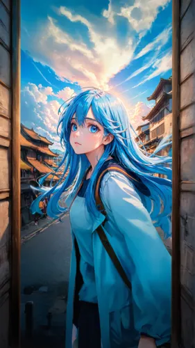 window to the world,meteora,portrait background,aqua,glass window,blue door,dusk background,door,hatsune miku,window,beautiful frame,outside mirror,2d,world end,cg artwork,blue heart,holding a frame,h