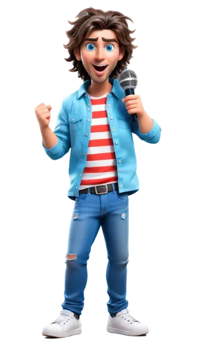 Cartoon-style microphone, colorful buttons, shiny surface, rounded edges, dynamic pose, holding microphone stand, enthusiastic facial expression, bright blue eyes, messy brown hair, casual wear, strip