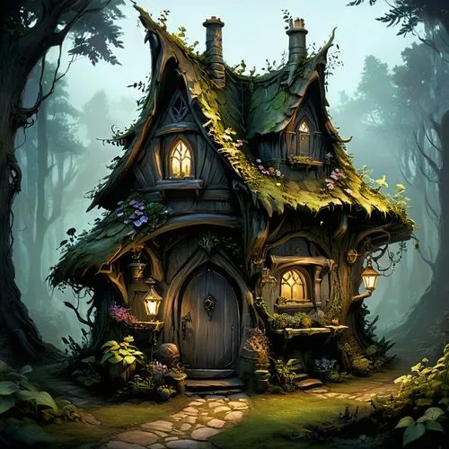 witch's house,fairy house,house in the forest,little house,small house,fairy village,Illustration,Realistic Fantasy,Realistic Fantasy 16