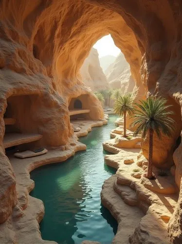 imagine a highly detailed, intriguing visualization of underground luxury resort carved into the rocky cliffs of a al ula desert saudia arabia covered with tranlucent inflated shades  , rusty gold  gl