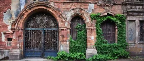 Historic building facade, architectural salvage, Toledo OH, rusty metal gates, worn stone walls, old wooden doors, stained glass windows, intricate carvings, ornate ironwork, peeling paint, ivy-covere