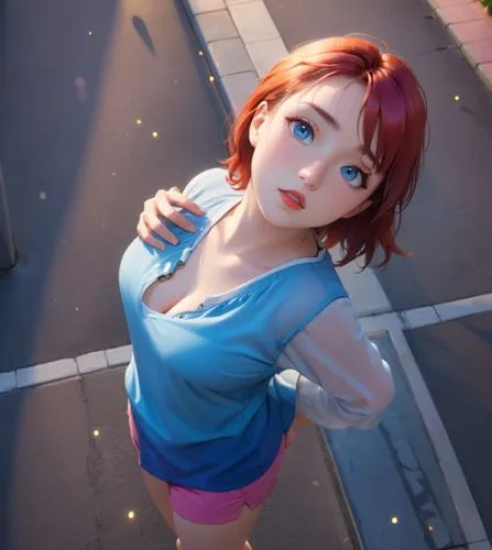 a photography of a beautiful caucasian girl 23 years old, red hair, blue eyes, red lips and glass wearing a blue top and pink shorts stand up in a street at sunset,a girl in a blue shirt is standing b