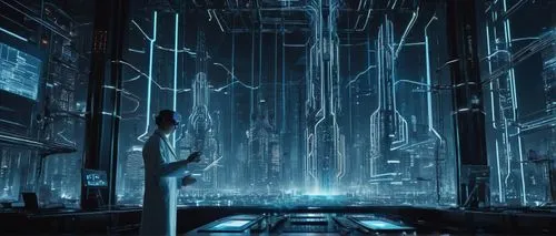 Cyberpunk futuristic cityscape, neon lights reflecting off glass skyscrapers, complex network of wires and circuits, motherboard-like streets, robotic arms holding glowing blue orbs, holographic proje