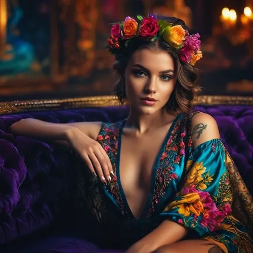 colorful floral,floral,vintage floral,beautiful girl with flowers,floral dress,girl in flowers,boho,bohemian,romantic portrait,exotic flower,with roses,retro flowers,romantic look,bylina,lei flowers,ukrainian,floral heart,floral composition,romanian,flora,Photography,General,Fantasy