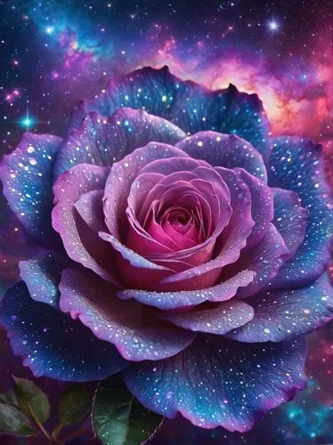 Vibrant galaxy-inspired wallpaper, stunning rose flower in center, delicate petals shimmering with iridescent colors, gradient effect blending pink, purple, blue hues, sparkling stars, nebula clouds, 