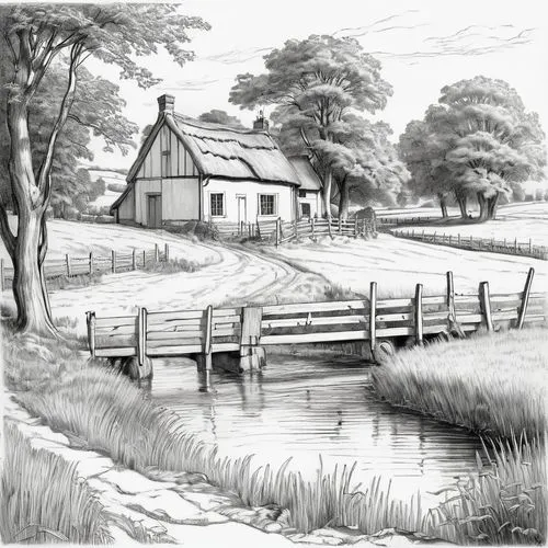 watermill,water mill,watermills,country cottage,cottages,farmhouse,Illustration,Black and White,Black and White 26