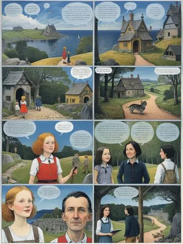 Become part of our adventurous comic page and experience the exciting story! With English text in boxes, speech and thought bubbles.,a comic strip about a little red riding through a field,comic speec