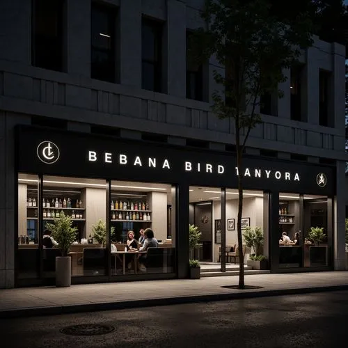 Monochromatic bar facade, minimalist architecture, clean lines, simple shapes, industrial materials, exposed concrete walls, steel frames, large glass windows, subtle lighting, warm tone LED signs, ur