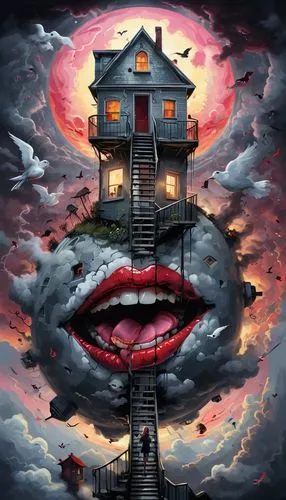 the haunted house,syringe house,creepy house,haunted house,witch's house,witch house,lonely house,birdhouse,bird house,dracula,surrealism,burning house,apartment house,treehouse,psycho,house painting,motel,cuckoo clock,dark art,doll house,Conceptual Art,Oil color,Oil Color 19