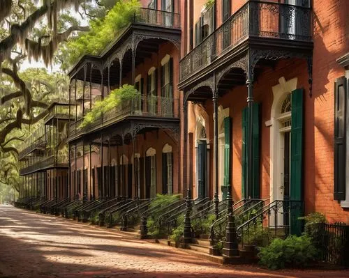 french quarters,row houses,rowhouses,savannah,natchez,brownstones,new orleans,townhouses,neworleans,italianate,nola,maurepas,bienville,charleston,natchitoches,townhomes,defuniak,row of houses,old linden alley,dumaine,Illustration,Realistic Fantasy,Realistic Fantasy 30