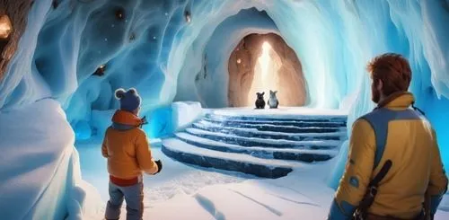 Amphitheater seats around the stage in the ice cave with small fluffy animals sitting around.
 ,ice cave,ice castle,the blue caves,blue caves,grotte,penitentes,entrance glacier,blue cave,ice curtain,s