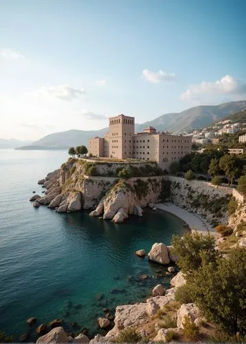 Modern Aramaic Castle on the coast,some water rocks buildings and hills and a blue sky,vlore,ajaccio,dubrovnik city,vlora,lattakia,piombino,annaba,latakia,montenegro,heraklion,bastia,adriatic,vanger,s