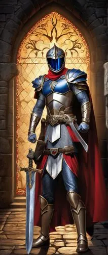 Medieval Power Rangers, mighty warrior, male, muscular build, silver armor, red cape, golden helmet, blue eyes, sword in hand, shield on back, standing heroically, epic background, dark ages, medieval