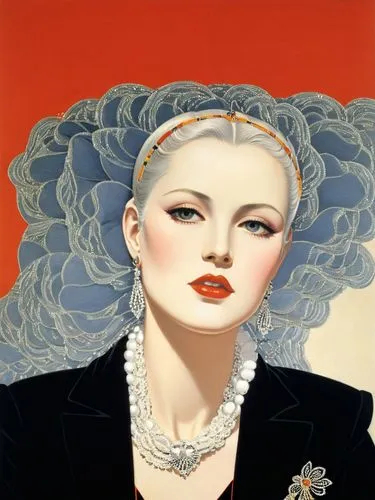 A perfect woman.,an artwork with a woman in a black jacket and pearls,art deco woman,viveros,whitmore,fornasetti,schiaparelli,petrossian,Illustration,Retro,Retro 26