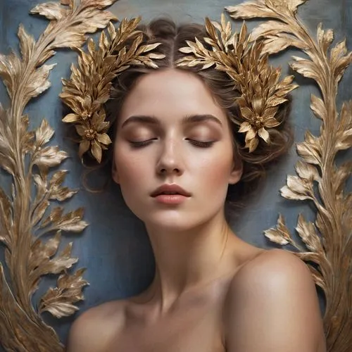 jingna,laurel wreath,golden wreath,girl in a wreath,baroque angel,ophelia,heatherley,faery,gold leaf,diwata,the sleeping rose,golden crown,headdress,fairy queen,mystical portrait of a girl,featherbedding,fairest,psyche,persephone,faerie,Photography,General,Commercial