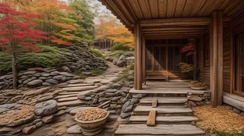 autumn in japan,wooden path,ryokan,wooden stairs,japanese zen garden,japanese-style room,the cabin in the mountains,stone stairs,stone ramp,beautiful japan,japan garden,japanese garden,stone stairway,