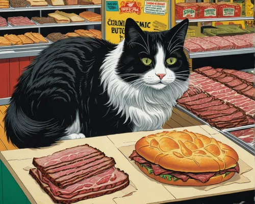 A Norwegian Forest cat stealing pastrami from a local store.,american curl,domestic animal,cat cartoon,cat,animal product,cat image,cat european,magpie cat,meat products,cattles,domestic cat,american 