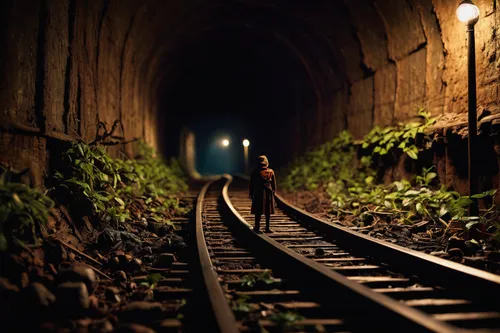 Imagine a horror movie taking place in a dark tunnel of a disused railway line.,railway tunnel,train tunnel,railway track,disused railway line,railtrack,railroad,tunnel,railroad track,train track,rail