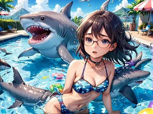 megalodon,temposhark,shark,swimmable,kawaii people swimming,mayshark,Anime,Anime,Traditional