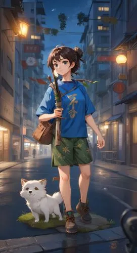 anime realistic style, japanese girl with blue shirt ,night in town background,girl in the town,boy and dog,hosoda,studio ghibli,girl with dog,ghibli,zookeeper,Anime,Anime,Realistic