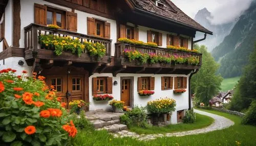 Traditional German home, half-timbered house, steeply pitched roof, wooden shutters, flower boxes, white walls, brown wooden beams, intricate carvings, rustic door, lanterns, stone foundation, lush gr