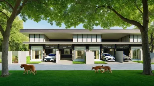 Colorful tones and adding green trees on both sides , children playing with animal on lawn.,carport,carports,bendemeer estates,underground garage,breezeway,mid century house,mid century modern,secreta