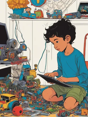 playing room,electronic waste,kids illustration,kids room,scrap collector,boy's room picture,baby playing with toys,kids' things,illustrator,computer addiction,tinkering,home learning,colourful pencils,clutter,children drawing,mechanical puzzle,meticulous painting,internet addiction,building sets,scrapbooking,Illustration,Vector,Vector 02